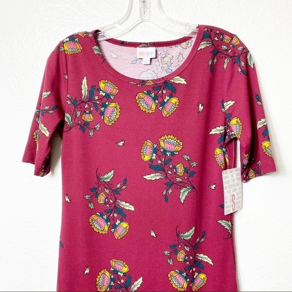LuLaRoe Floral Print Maroon Women Julia Polyester Spandex Dress Size Small - Picture 2 of 3